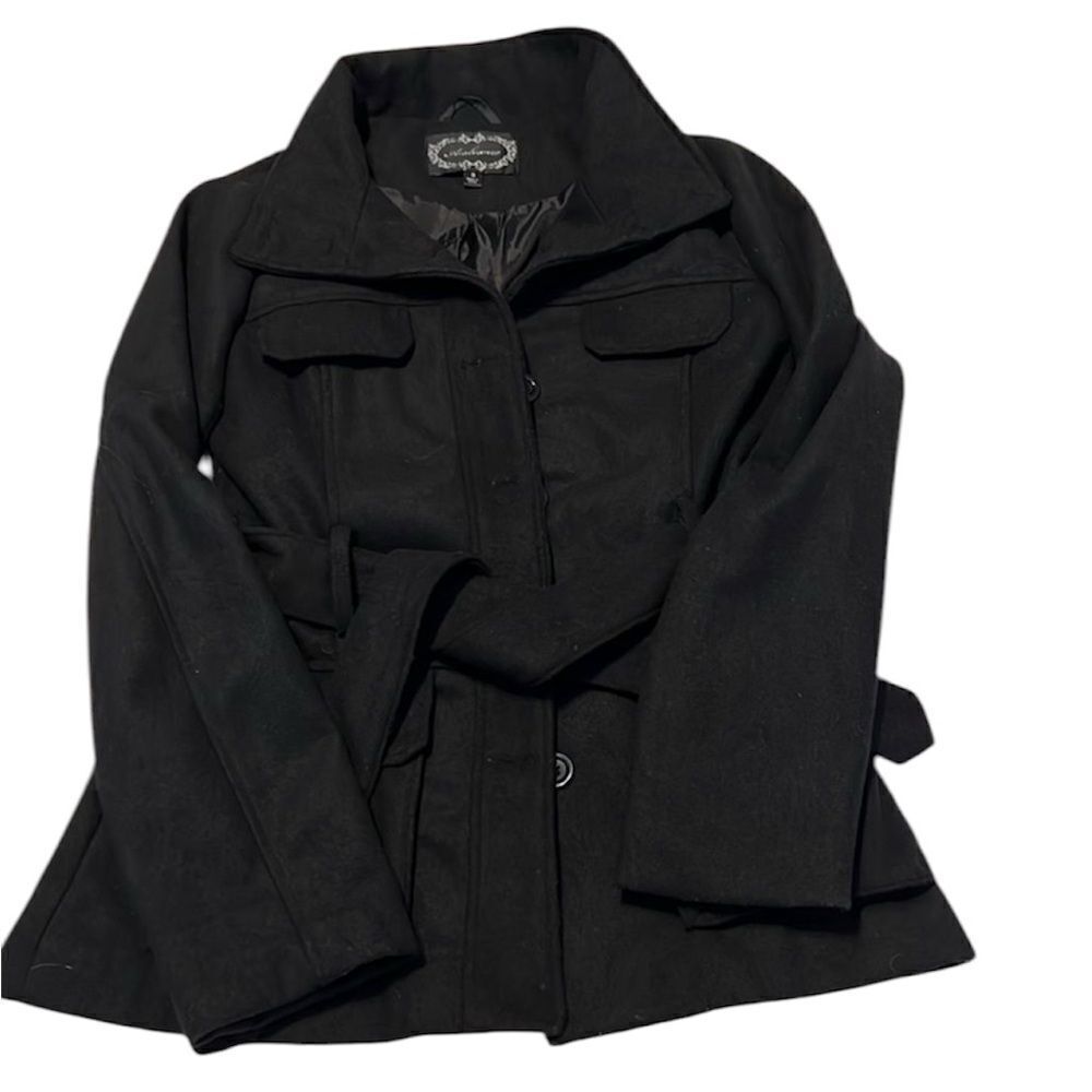 Ambiance szS black button front jacket with belt needs cleaning GUC